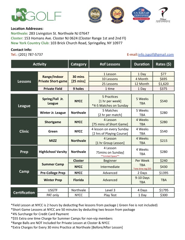 JS Golf Academy Pricing Table